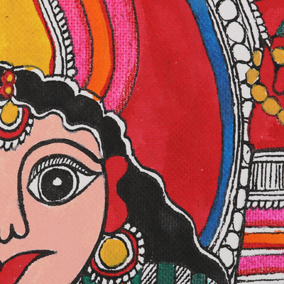 Madhubani-Gemälde, 'Saraswatis Lied' - Madhubani-Acrylmalerei auf handgeschöpftem Papier