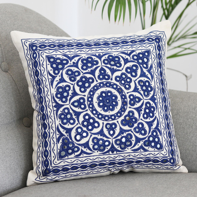 Embroidered cotton cushion cover, Royal Blue