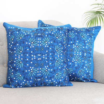 Embroidered cotton cushion covers, 'Night Trellis' (pair) - Artisan Crafted Cotton Cushion Covers (Pair)