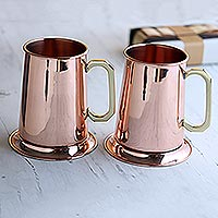 Copper mugs, 'Morning Shine' (pair) - High Shine Copper Drinking Mugs with Gold Handles (Pair)