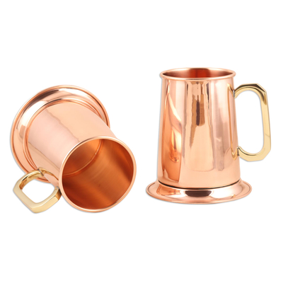 Tazas de cobre, (par) - Tazas para beber de cobre de alto brillo con asas doradas (par)