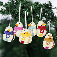 Wool felt ornaments, 'Snowman Party' (set of 6)