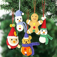 Wool felt ornaments, 'Christmas Friends' (set of 5)