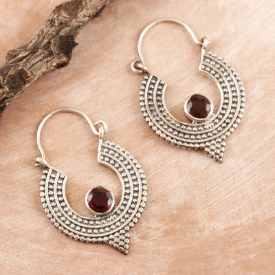 Garnet hoop earrings, 'Cradle Moon' - Oxidized Sterling Silver Hoop Earrings with Red Garnet