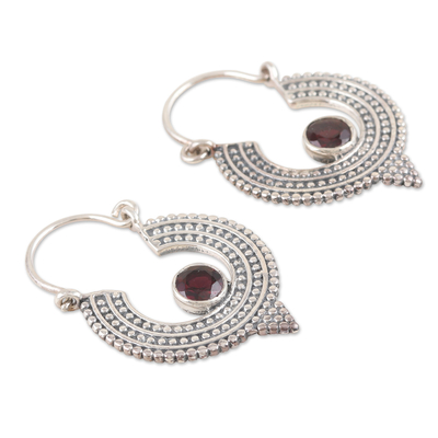 Garnet hoop earrings, 'Cradle Moon' - Oxidized Sterling Silver Hoop Earrings with Red Garnet