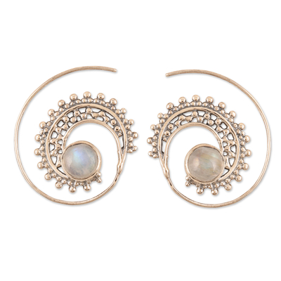 Rainbow moonstone hoop earrings, 'Indian Swirl' - Sterling Silver Hoop Earrings with Rainbow Moonstones