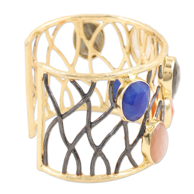 Gold-plated multi-gemstone cuff bracelet, 'colour Pop' - Gold-Plated Rainbow Moonstone and Rose Quartz Bracelet