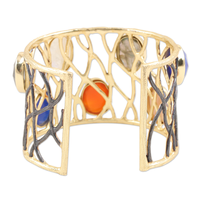 Gold-plated multi-gemstone cuff bracelet, 'Color Pop' - Gold-Plated Rainbow Moonstone and Rose Quartz Bracelet