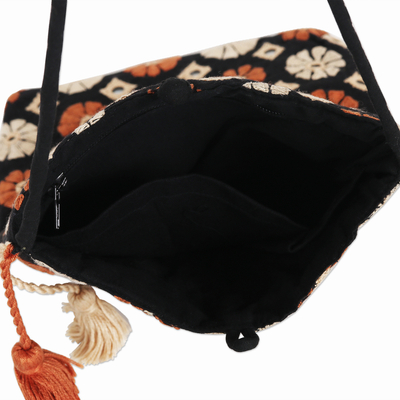 Embroidered cotton sling bag, 'Spinning Blossoms' - Hand-Embroidered Cotton Sling Bag from India
