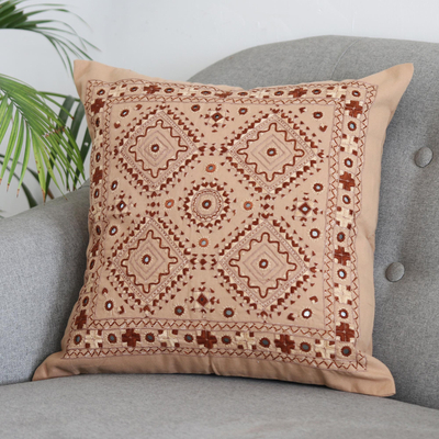 Embroidered cotton cushion cover, 'Geometric Delight' - Cotton Cushion Cover with Geometric Motif