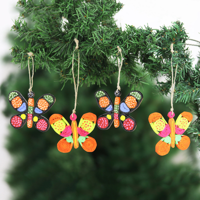 Eco-friendly paper ornaments, 'Butterfly Dreams' (set of 4) - Eco-Friendly Butterfly Ornaments (Set of 4)