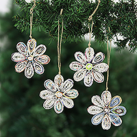 Eco-friendly paper ornaments, 'Floral Holiday' (set of 4) - Eco-Friendly Flower Ornaments (Set of 4)