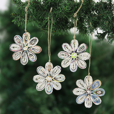 Eco-friendly paper ornaments, 'Floral Holiday' (set of 4) - Eco-Friendly Flower Ornaments (Set of 4)