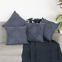 Embroidered cotton cushion covers, 'Blue Clouds' (set of 4) - Cadet Blue Cotton Cushion Covers (Set of 4)