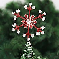 Beaded tree topper, 'Radiant Snowflake' - Red Beaded Snowflake Tree Topper