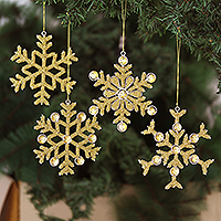 Aluminum holiday ornaments, 'Glittering Snowfall' (set of 4) - Embellished Aluminum Snowflake Ornaments (Set of 4)