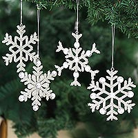 Beaded ornaments, Silvery Snowflakes (set of 4)
