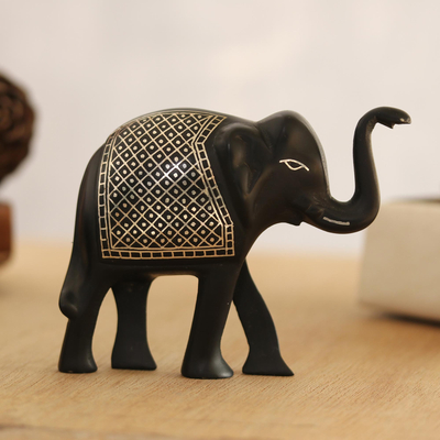 Silver inlay bidri figurine, 'Greetings from Bidar' - Silver Inlay Bidri Elephant Figurine