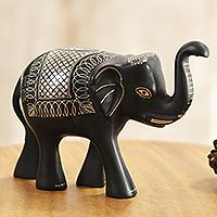 Silver inlay bidri figurine, 'Bidar Salute' - Black Zinc and Copper Elephant Figure with Silver Inlay