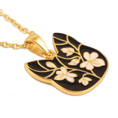 Gold-plated pendant necklace, 'Art Cat' - Gold-Plated Enamel Pendant Necklace