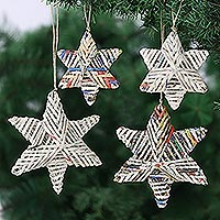 Eco-friendly holiday ornaments, 'Starry Celebration' (set of 4) - Eco-Friendly Paper Holiday Ornaments (Set of 4)