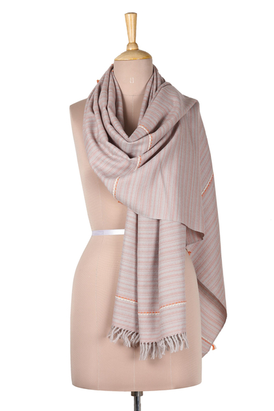 Wool shawl, 'Mellow Out' - Woven Wool Shawl with Grey Stripe Motif