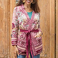 Jacquard Viscose-Blend Cardigan with Tie Belt,'A Rose is a Rose'