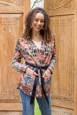 Jacquard knit cardigan, 'Flowers of the Orient' - Knit Cardigan with Tie Belt