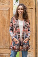 Jacquard knit cardigan, 'Flowers of the Orient' - Knit Cardigan with Tie Belt