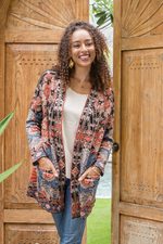 Jacquard knit cardigan, 'Flowers of the Orient' - Knit Cardigan with Tie Belt