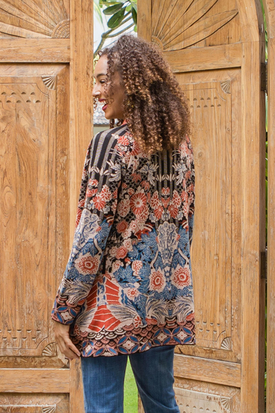 Jacquard knit cardigan, 'Flowers of the Orient' - Knit Cardigan with Tie Belt