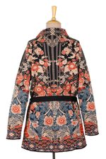 Jacquard knit cardigan, 'Flowers of the Orient' - Knit Cardigan with Tie Belt