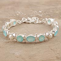 Chalcedony and cultured pearl link bracelet, 'Sea Bliss' - Chalcedony and Sterling Silver Link Bracelet