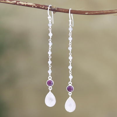 Multi-gemstone dangle earrings, 'Tow the Line' - Garnet and Rose Quartz Dangle Earrings