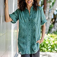 Embroidered cotton tunic, Festive Jade