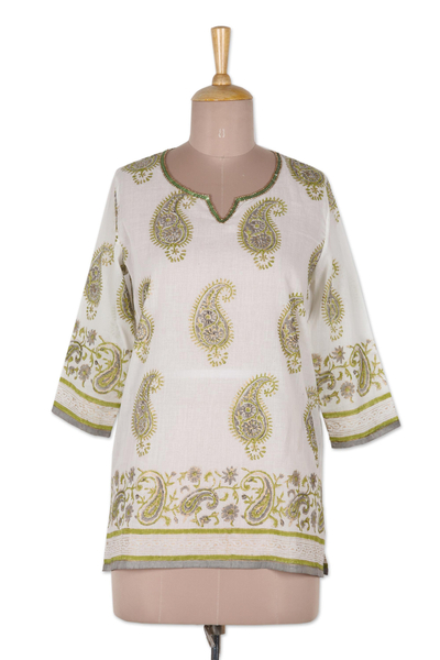 Block-printed cotton tunic, 'Majestic Paisley' - Block-Printed Cotton Tunic with Paisley Motif