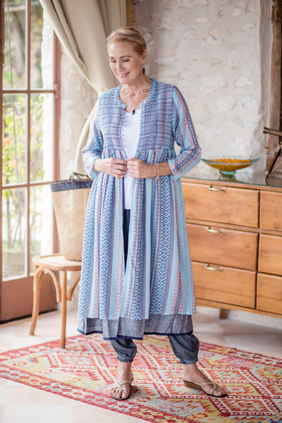 Smocked cotton duster, 'Jaipur Heritage' - Handloomed Long Cotton Jacket