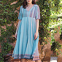 Vestido midi de algodón, 'Jaipur Heritage' - Vestido de algodón azul tejido a mano de la India