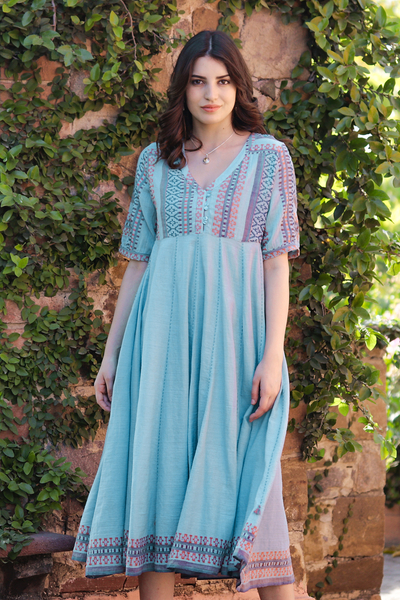 Handloomed Blue Cotton Dress from India - Jaipur Heritage | NOVICA