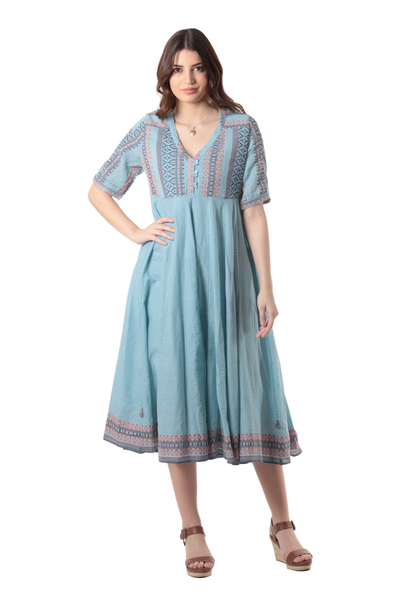 Vestido midi de algodón - Vestido de algodón azul tejido a mano de la India