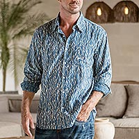 Camisa de algodón con estampado de bloques para hombre, 'Traditional Elegance' - Camisa de manga larga con estampado de bloques para hombre de la India
