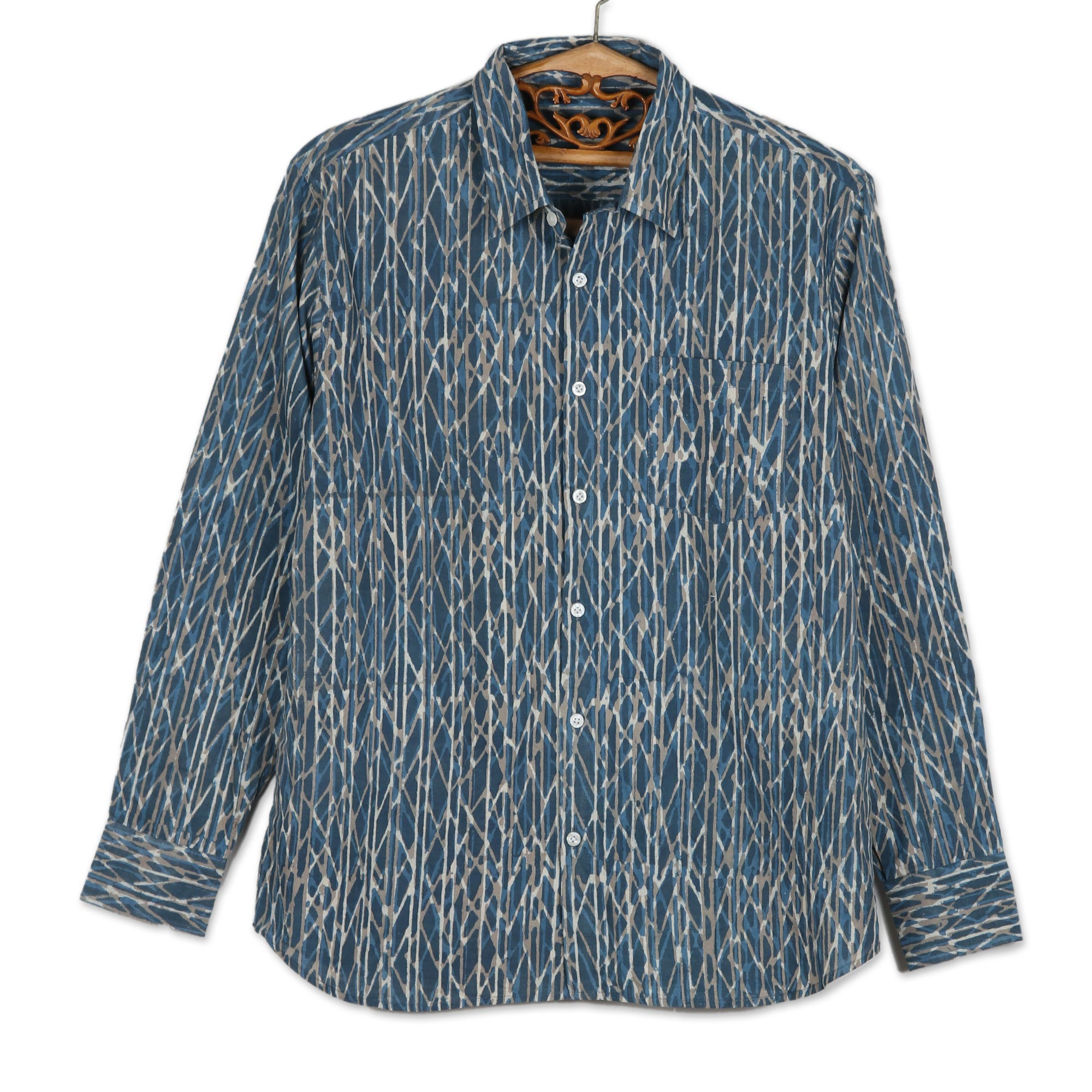 Men's Long-Sleeve Block-Printed Shirt from India - Traditional Elegance ...