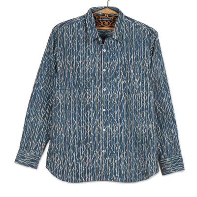 Men's block-printed cotton shirt, 'Traditional Elegance' - Men's Long-Sleeve Block-Printed Shirt from India