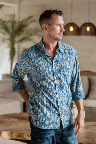 Men's block-printed cotton shirt, 'Traditional Elegance' - Men's Long-Sleeve Block-Printed Shirt from India