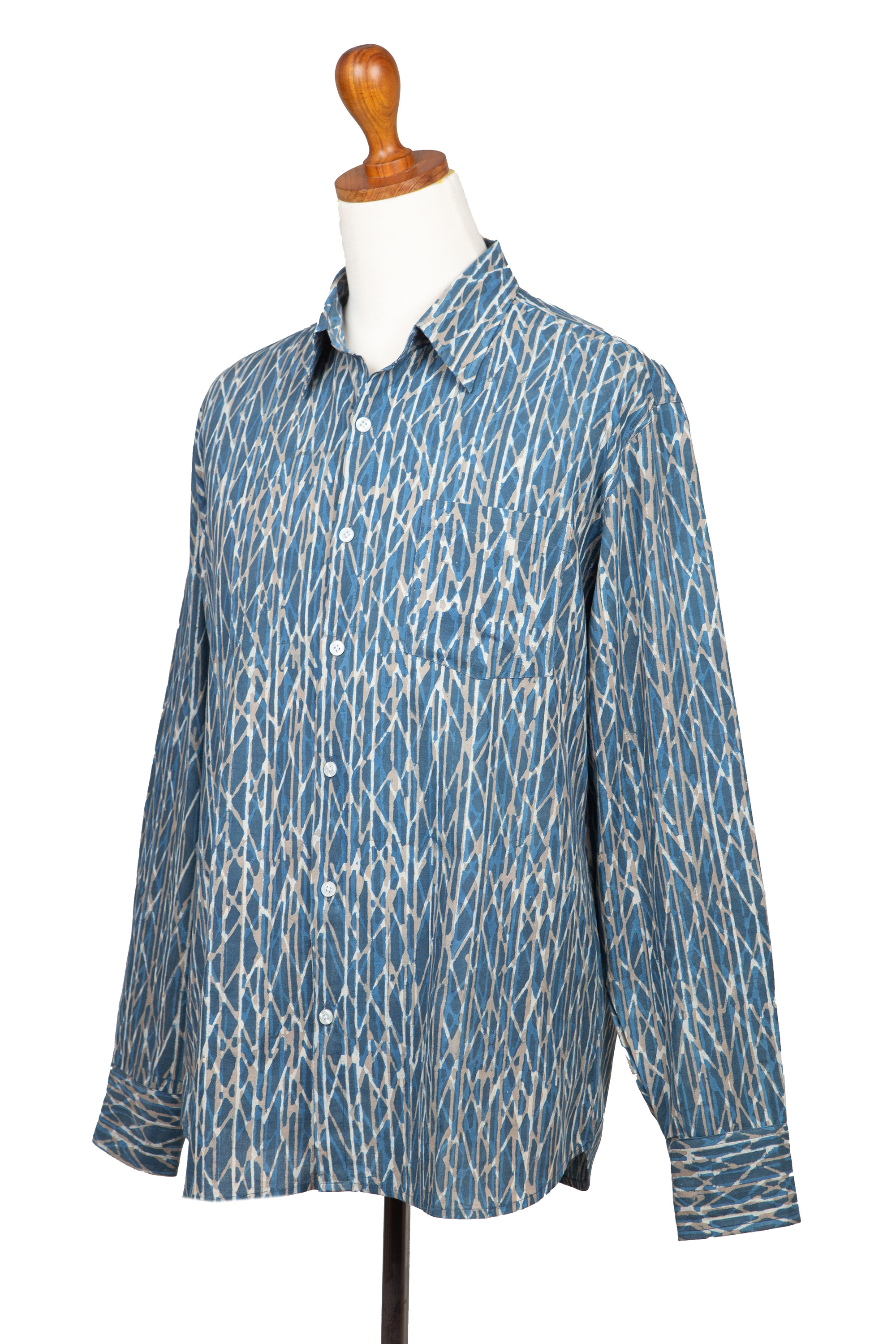 Men's Long-Sleeve Block-Printed Shirt from India - Traditional Elegance ...