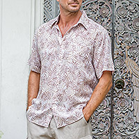 Men's Short-Sleeve Cotton Shirt with Leaf Motif,'Leafy Delight'