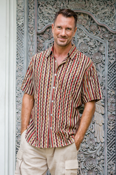 Mens block-printed cotton shirt, Traditional Stripes