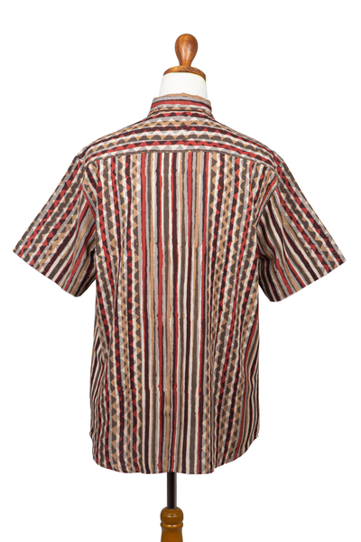 Men's block-printed cotton shirt, 'Traditional Stripes' - Men's Short-Sleeve Block-Printed Shirt