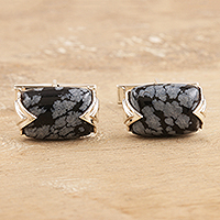 Men's Sterling Silver and Snowflake Obsidian Cufflinks,'Snowflake Elegance'