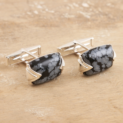 Obsidian-Manschettenknöpfe für Herren - Herren-Manschettenknöpfe aus Sterlingsilber und Schneeflockenobsidian